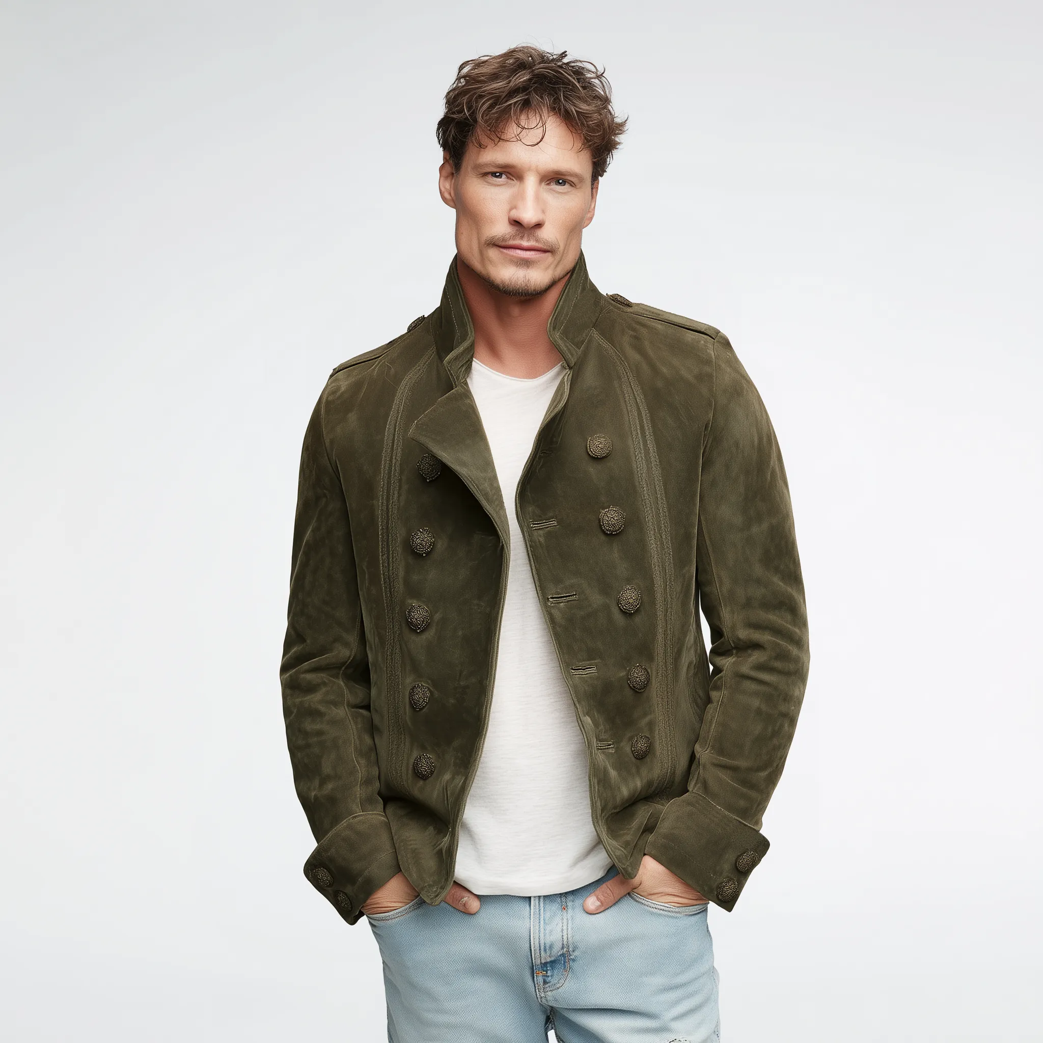 Men's Classic Vintage Lapel Suede Embroidered Double Breasted Jacket MTA2591H0K sold by Manly product image thumbnail 3