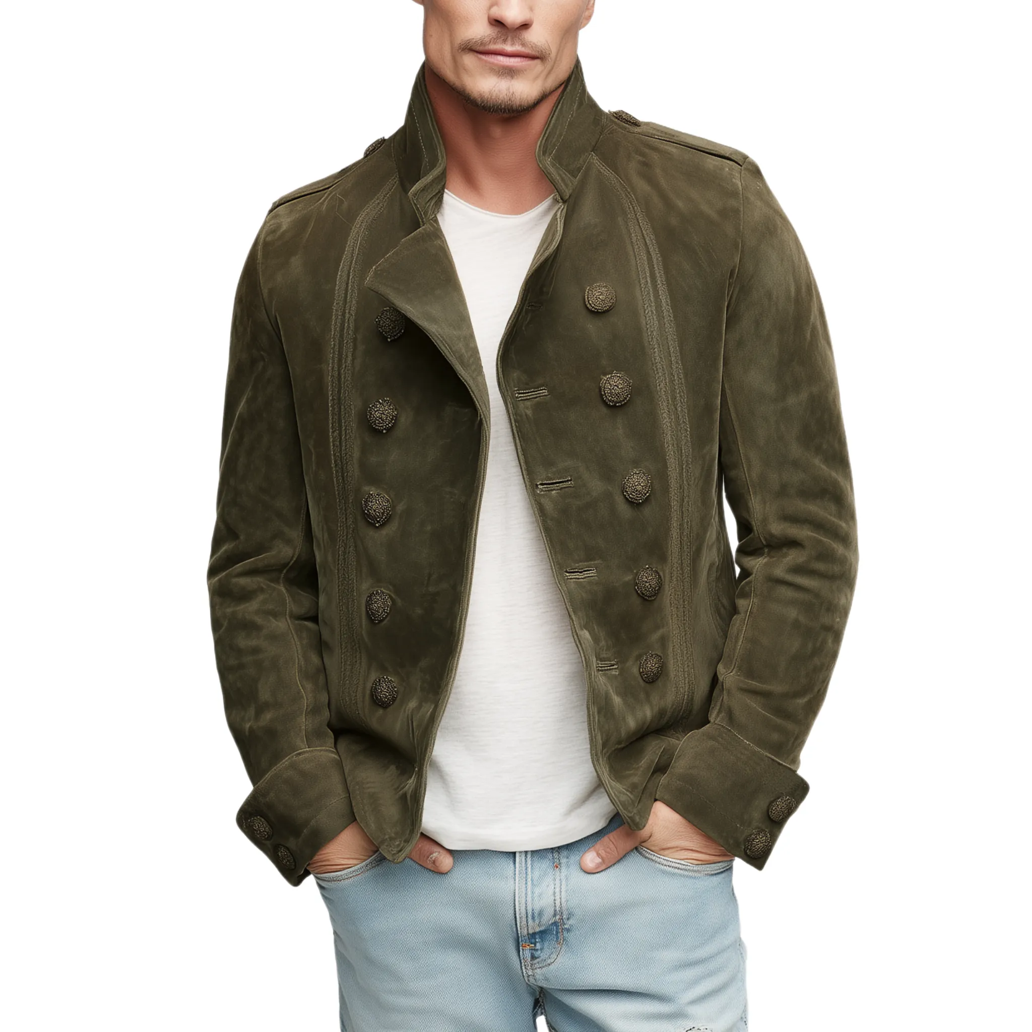 Men's Classic Vintage Lapel Suede Embroidered Double Breasted Jacket MTA2591H0K sold by Manly