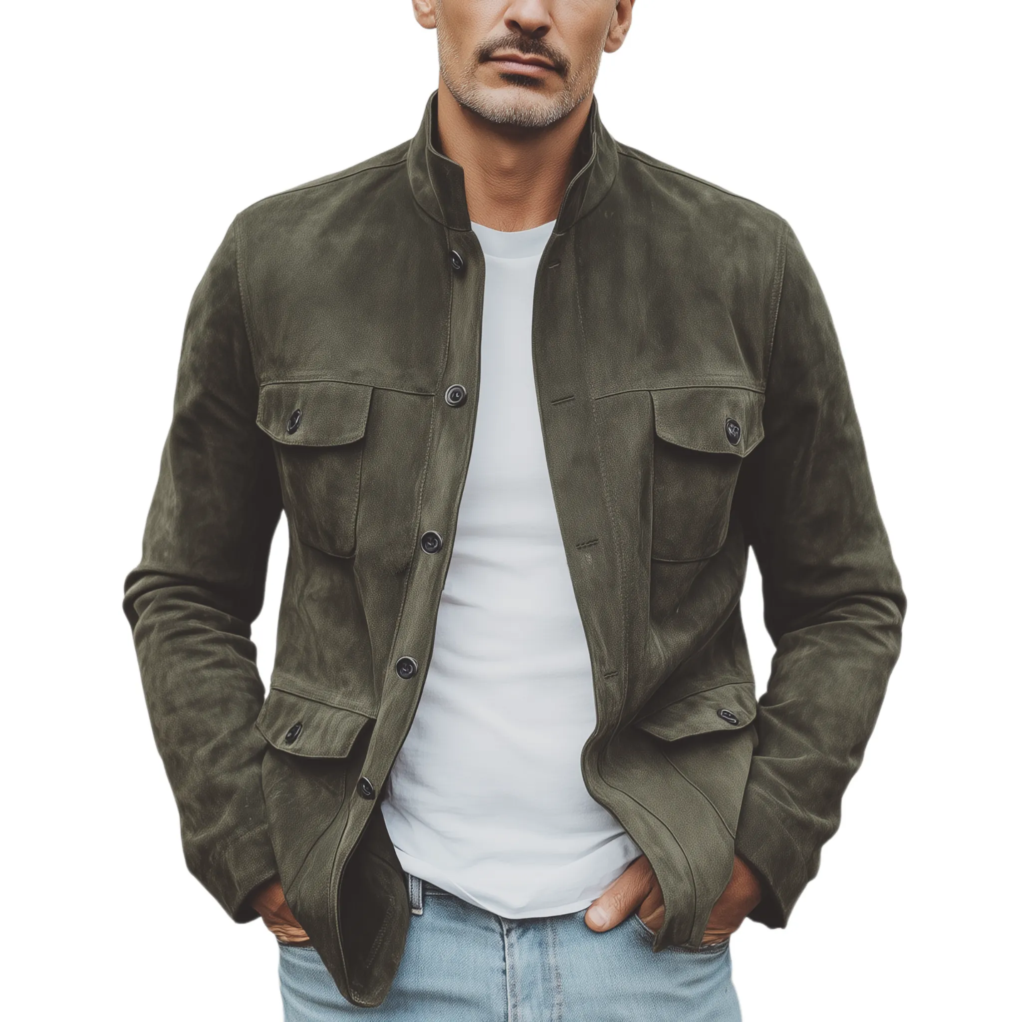 Men's Classic Vintage Stand Collar Suede Multi-Pocket Jacket MTA2563H8K sold by Manly