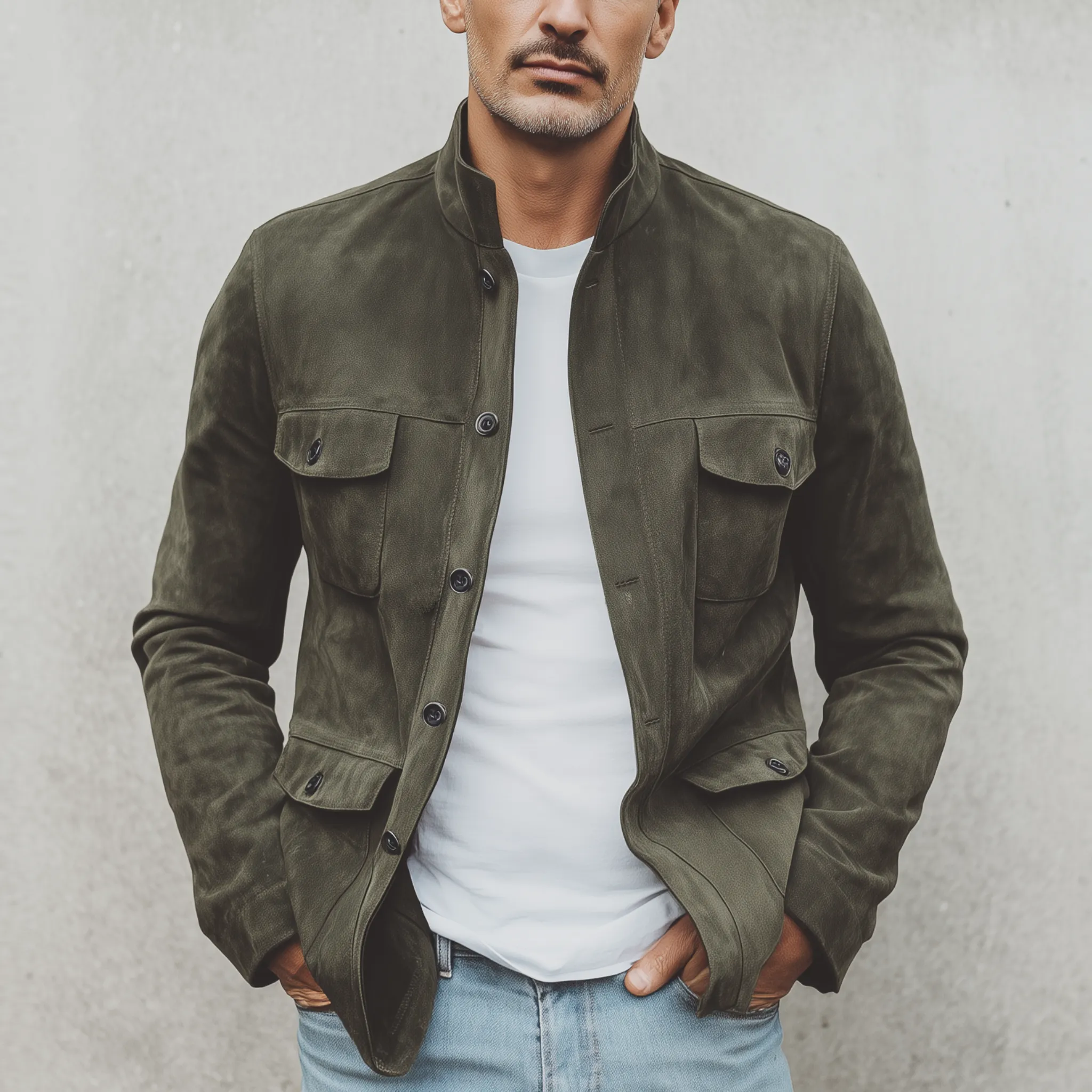 Men's Classic Vintage Stand Collar Suede Multi-Pocket Jacket MTA2563H8K sold by Manly product image thumbnail 2