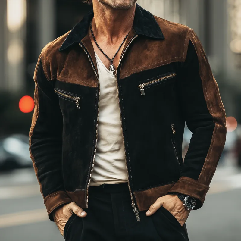 Men's Spring And Autumn Retro Colorblock Suede Zipper Jacket MTA2560H9U sold by Manly product image thumbnail 2