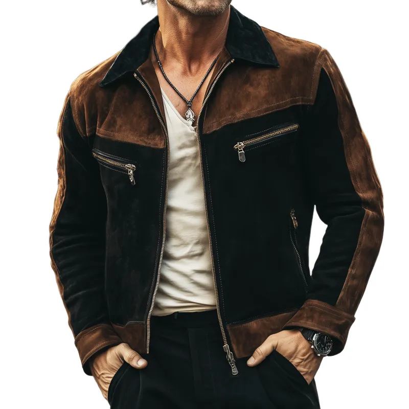 Men's Spring And Autumn Retro Colorblock Suede Zipper Jacket MTA2560H9U sold by Manly