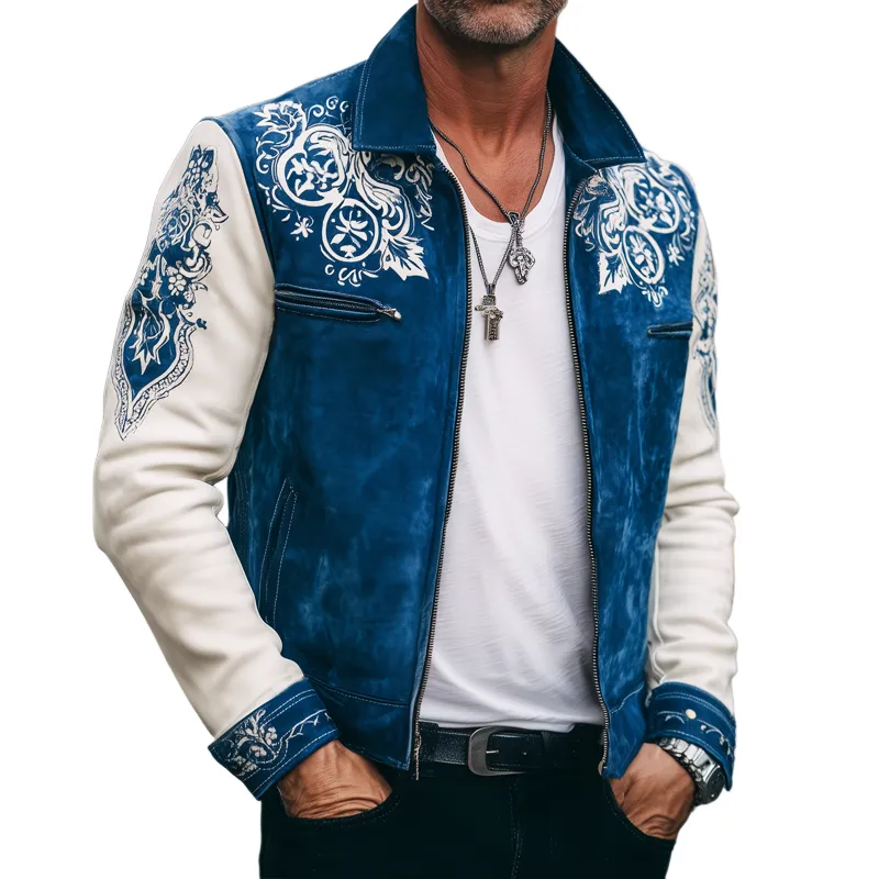 Men's Vintage Colorblock Print Suede Zip-Up Jacket MTA2543H8U sold by Manly