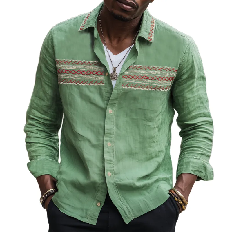 Men's Vintage Cotton And Linen Embroidered Long Sleeve Shirt MTA2552H4U sold by Manly