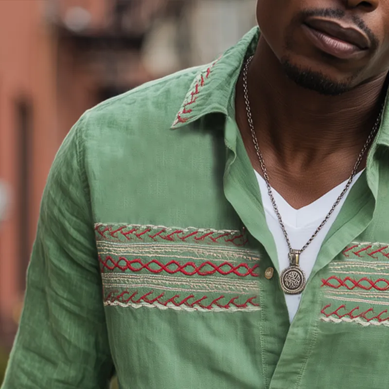 Men's Vintage Cotton And Linen Embroidered Long Sleeve Shirt MTA2552H4U sold by Manly product image thumbnail 3