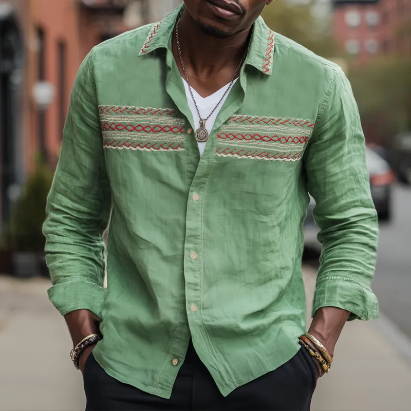 Men's Vintage Cotton And Linen Embroidered Long Sleeve Shirt MTA2552H4U sold by Manly product image thumbnail 2