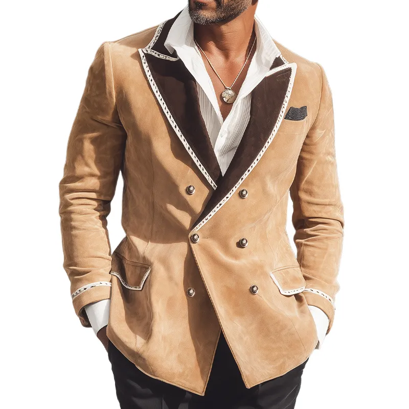 Men's Business Classic Colorblock Collar Double-breasted Sude Blazer MTA2534H7U sold by Manly
