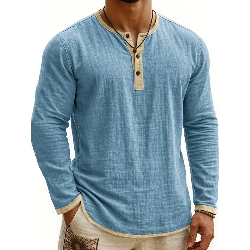 Men's Cotton Blend Contrast Color Henley Collar Long Sleeve T-shirt MTA2594H7X sold by Manly