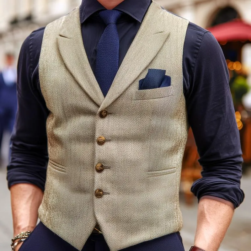 Men's Vintage Wool Blend Herringbone Lapel Single-Breasted Slim-Fit Suit Vest MTA2740H5M sold by Manly product image thumbnail 3