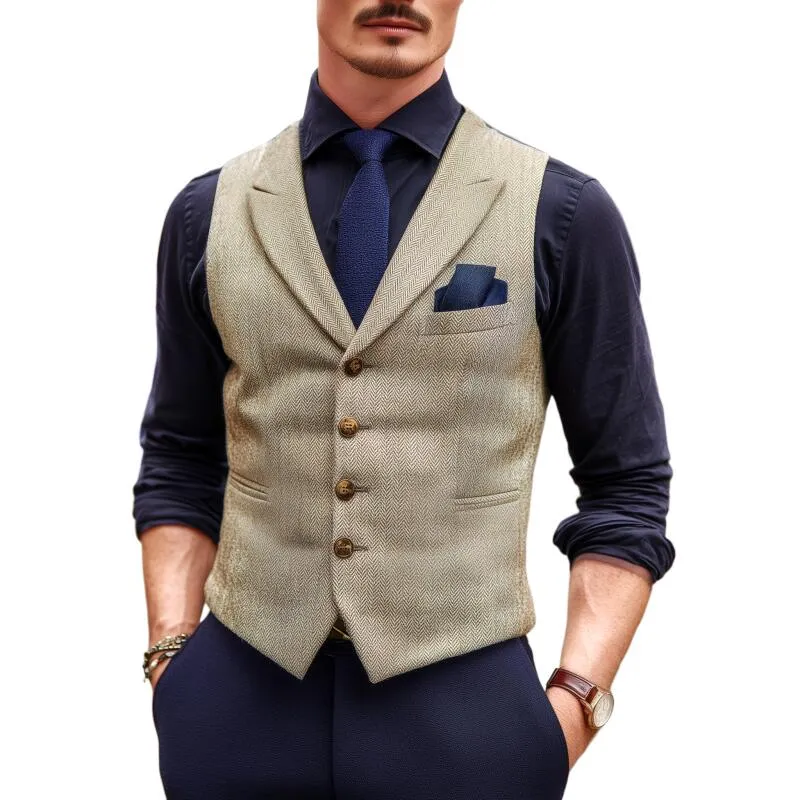 Men's Vintage Wool Blend Herringbone Lapel Single-Breasted Slim-Fit Suit Vest MTA2740H5M sold by Manly