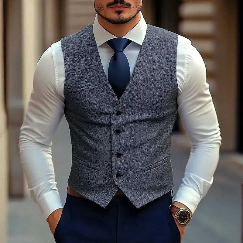 Men's Vintage Wool Blend Herringbone V-Neck Single-Breasted Slim-Fit Suit Vest MTA2770H7M sold by Manly product image thumbnail 2