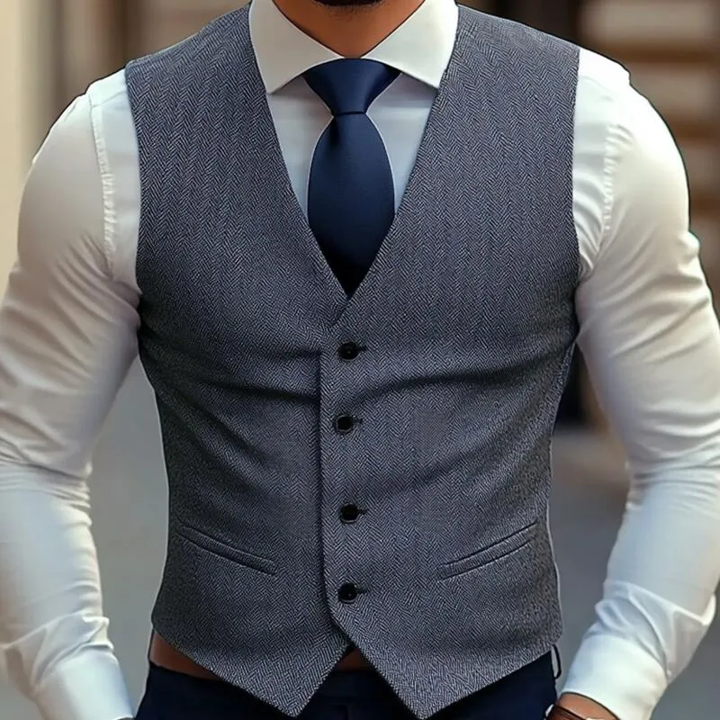 Men's Vintage Wool Blend Herringbone V-Neck Single-Breasted Slim-Fit Suit Vest MTA2770H7M sold by Manly product image thumbnail 3