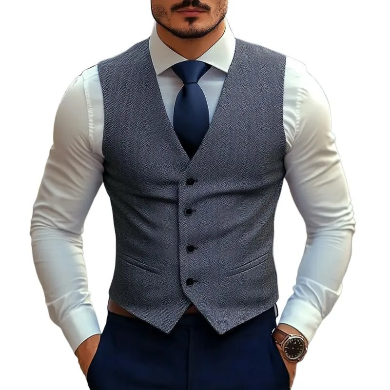 Men's Vintage Wool Blend Herringbone V-Neck Single-Breasted Slim-Fit Suit Vest MTA2770H7M sold by Manly