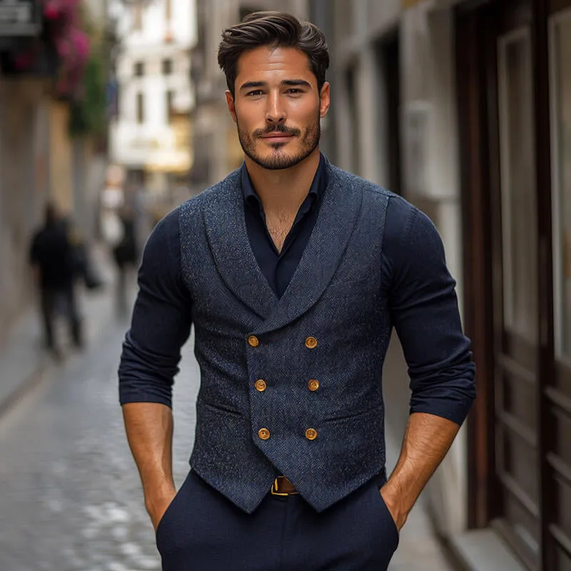 Men's Vintage Wool Blend Herringbone Shawl Collar Double-Breasted Slim-Fit Suit Vest MTA2754H1M sold by Manly product image thumbnail 3