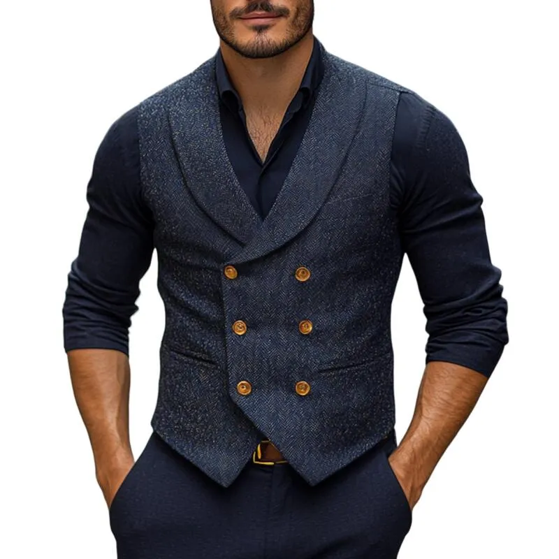 Men's Vintage Wool Blend Herringbone Shawl Collar Double-Breasted Slim-Fit Suit Vest MTA2754H1M sold by Manly