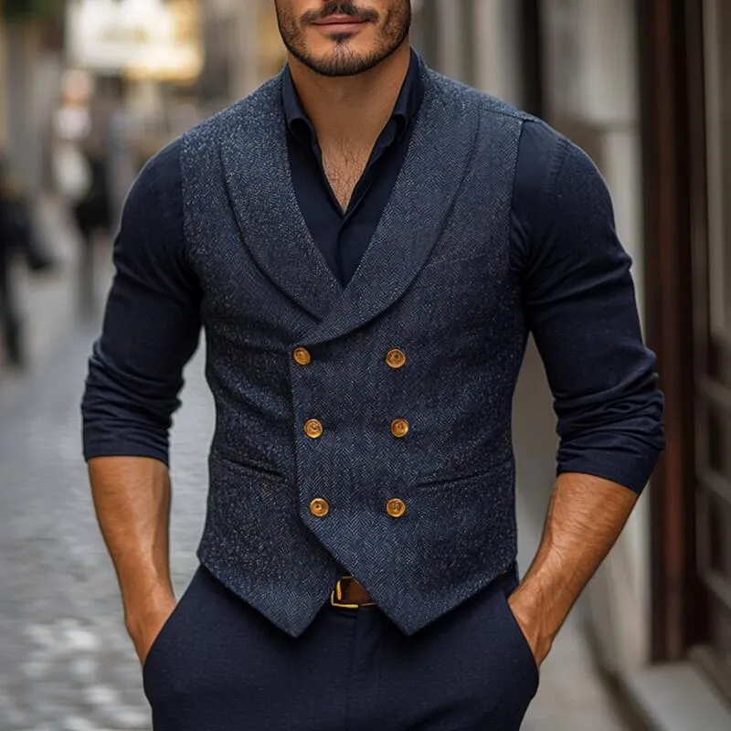 Men's Vintage Wool Blend Herringbone Shawl Collar Double-Breasted Slim-Fit Suit Vest MTA2754H1M sold by Manly product image thumbnail 2