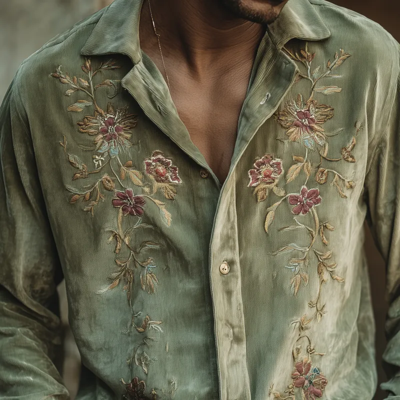 Men's Floral Embroidered Corduroy Lapel Long Sleeve Shirt MTA2712H0Z sold by Manly product image thumbnail 3