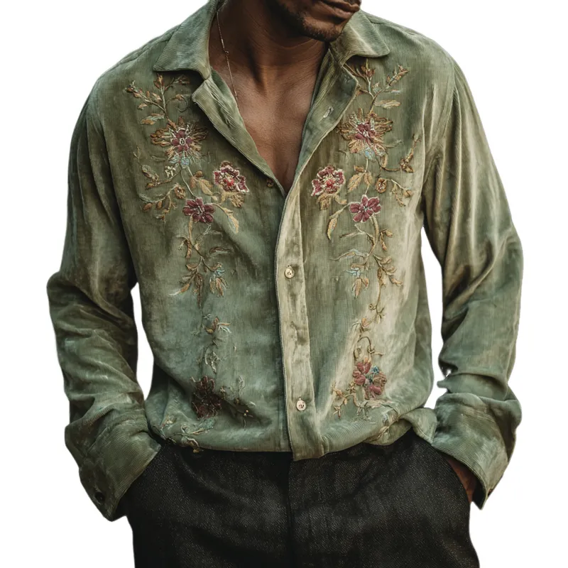 Men's Floral Embroidered Corduroy Lapel Long Sleeve Shirt MTA2712H0Z sold by Manly