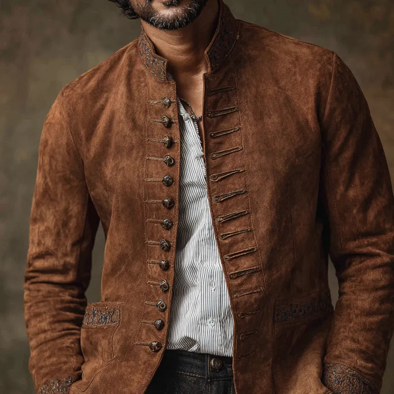 Men's Vintage Embroidered Decor Faux Suede Stand Collar Single Breasted Jacket MTA2792H2Z sold by Manly product image thumbnail 3