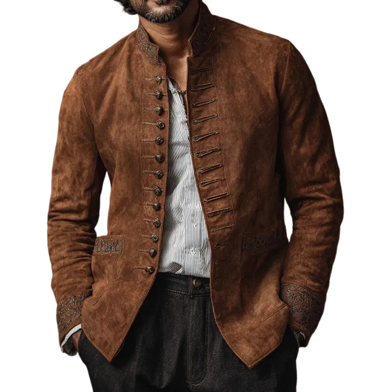 Men's Vintage Embroidered Decor Faux Suede Stand Collar Single Breasted Jacket MTA2792H2Z sold by Manly