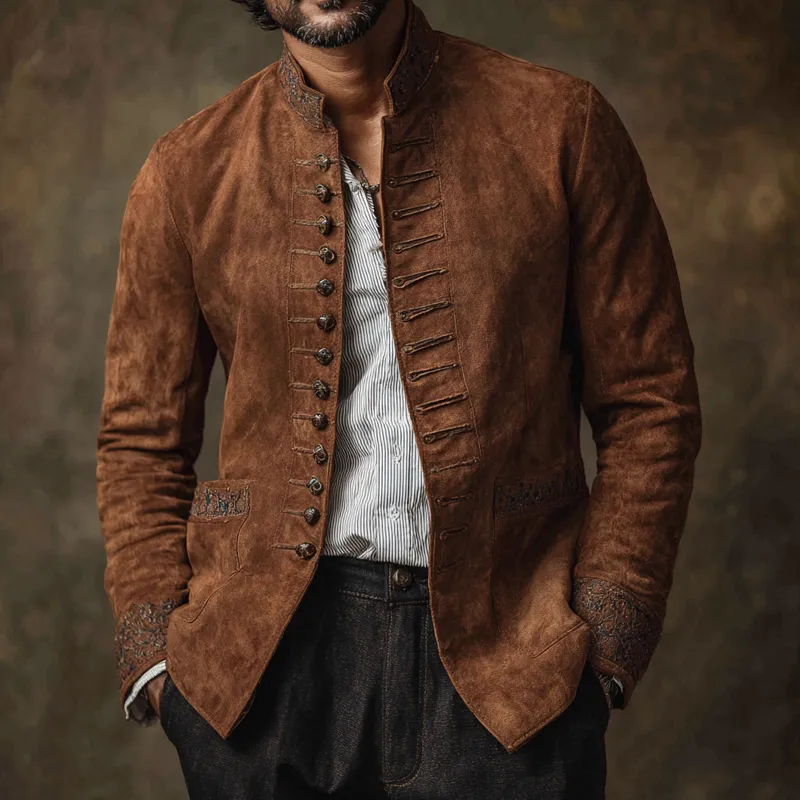 Men's Vintage Embroidered Decor Faux Suede Stand Collar Single Breasted Jacket MTA2792H2Z sold by Manly product image thumbnail 2