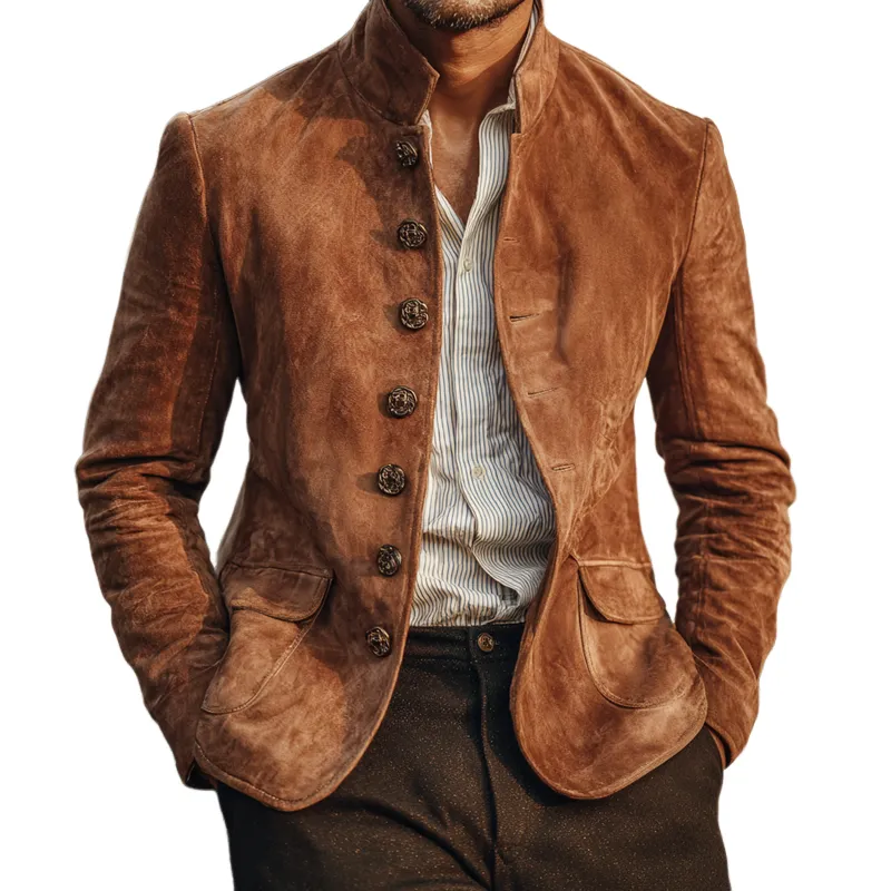 Men's Vintage Faux Suede Stand Collar Single Breasted Jacket MTA2784H4Z sold by Manly