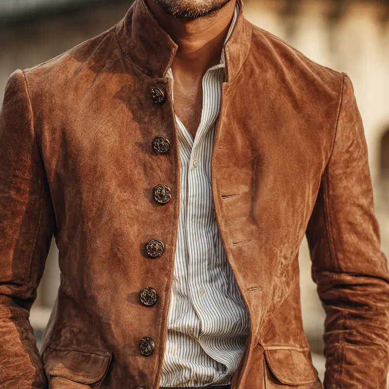 Men's Vintage Faux Suede Stand Collar Single Breasted Jacket MTA2784H4Z sold by Manly product image thumbnail 3