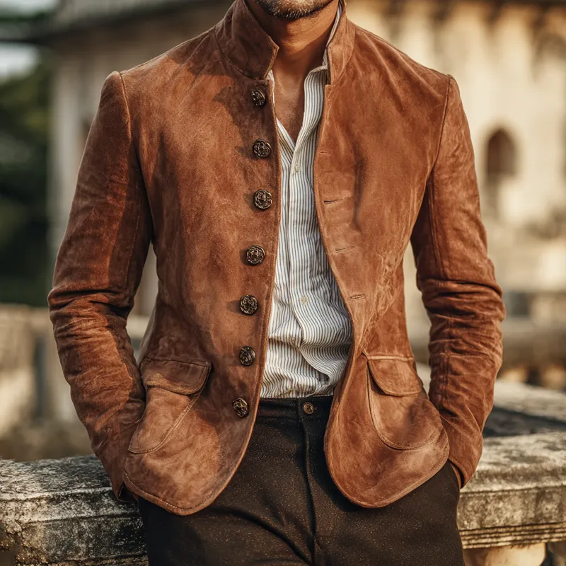 Men's Vintage Faux Suede Stand Collar Single Breasted Jacket MTA2784H4Z sold by Manly product image thumbnail 2