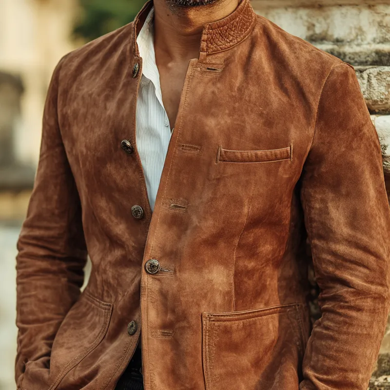 Men's Vintage Faux Suede Stand Collar Single Breasted Jacket MTA2729H3Z sold by Manly product image thumbnail 3