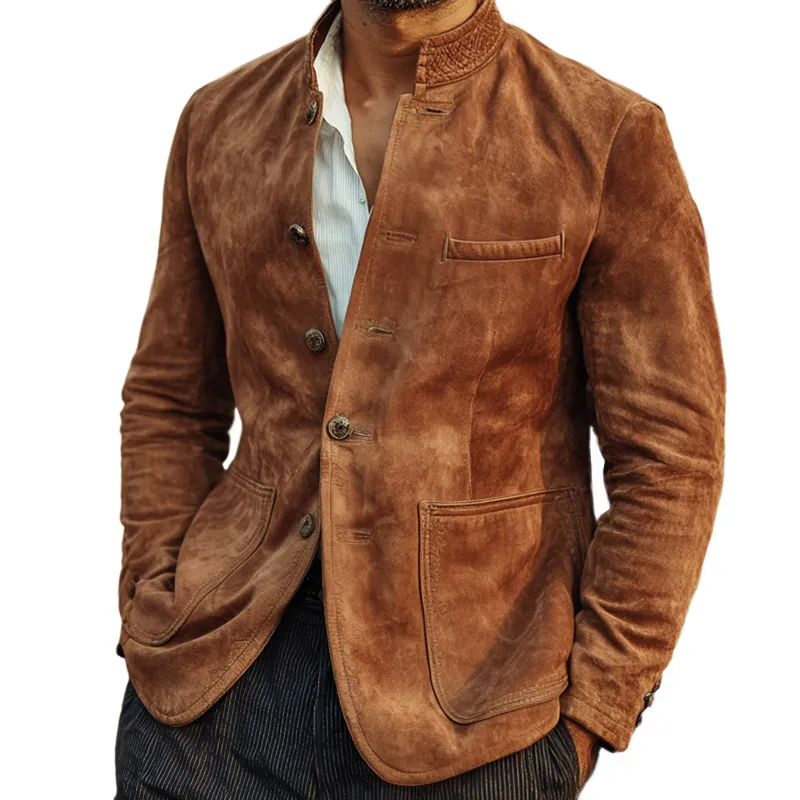 Men's Vintage Faux Suede Stand Collar Single Breasted Jacket MTA2729H3Z sold by Manly