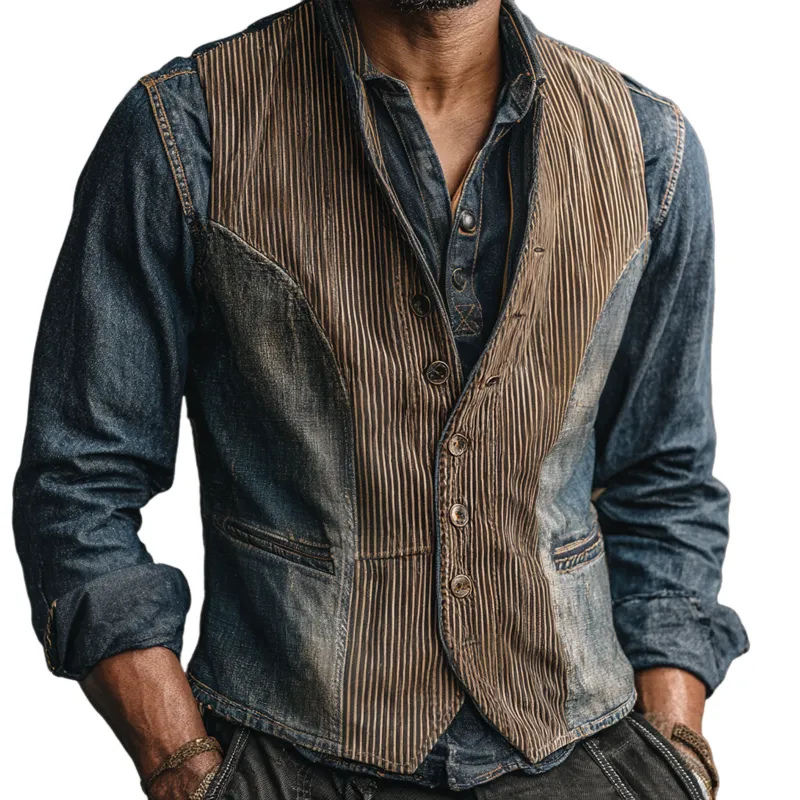 Men's Vintage Striped Splicing Denim V Neck Single Breasted Vest MTA2106H0Z sold by Manly