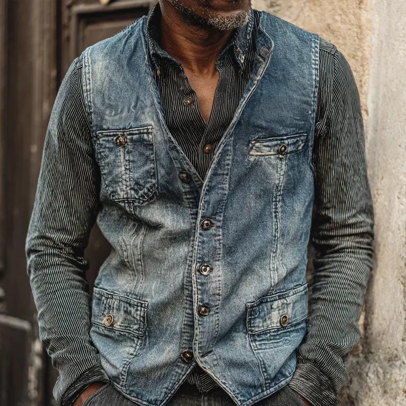 Men's Vintage Washed Denim Round Neck Single Breasted Fake Pockets Vest MTA2153H8Z sold by Manly product image thumbnail 2