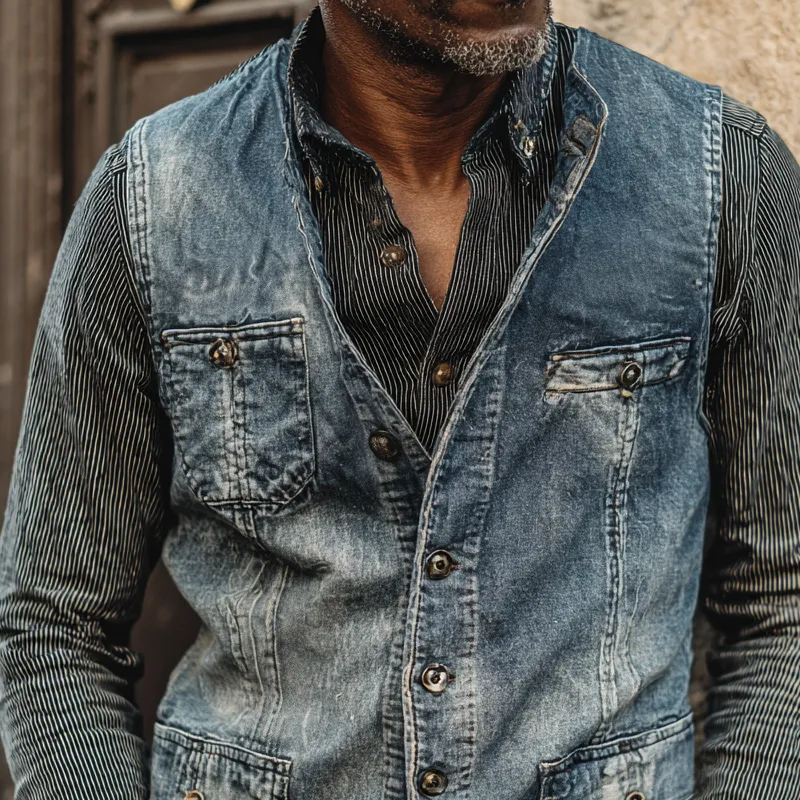 Men's Vintage Washed Denim Round Neck Single Breasted Fake Pockets Vest MTA2153H8Z sold by Manly product image thumbnail 3