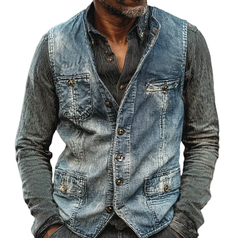 Men's Vintage Washed Denim Round Neck Single Breasted Fake Pockets Vest MTA2153H8Z sold by Manly