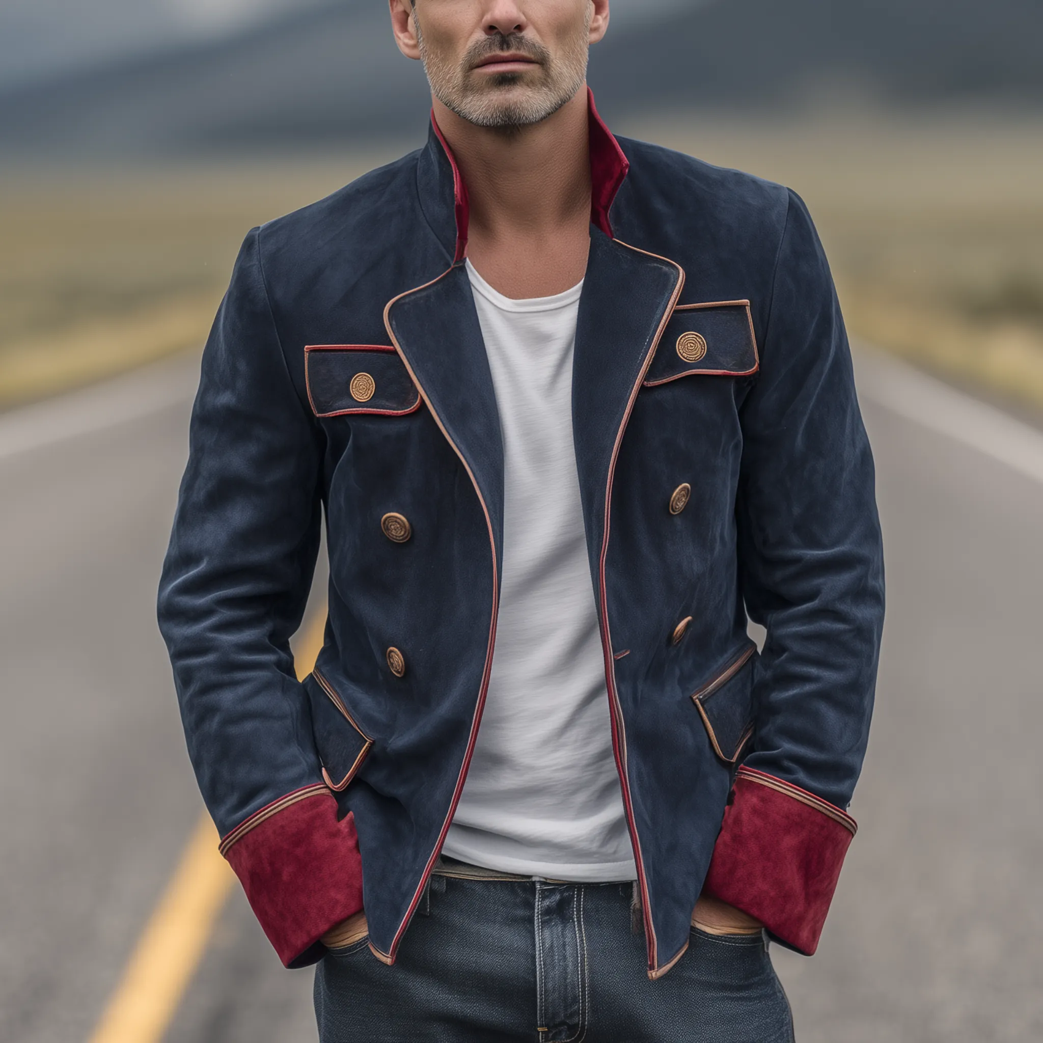 Men's Classic Vintage Double Breasted Lapel Contrast Suede Jacket MTA2796H7K sold by Manly product image thumbnail 2