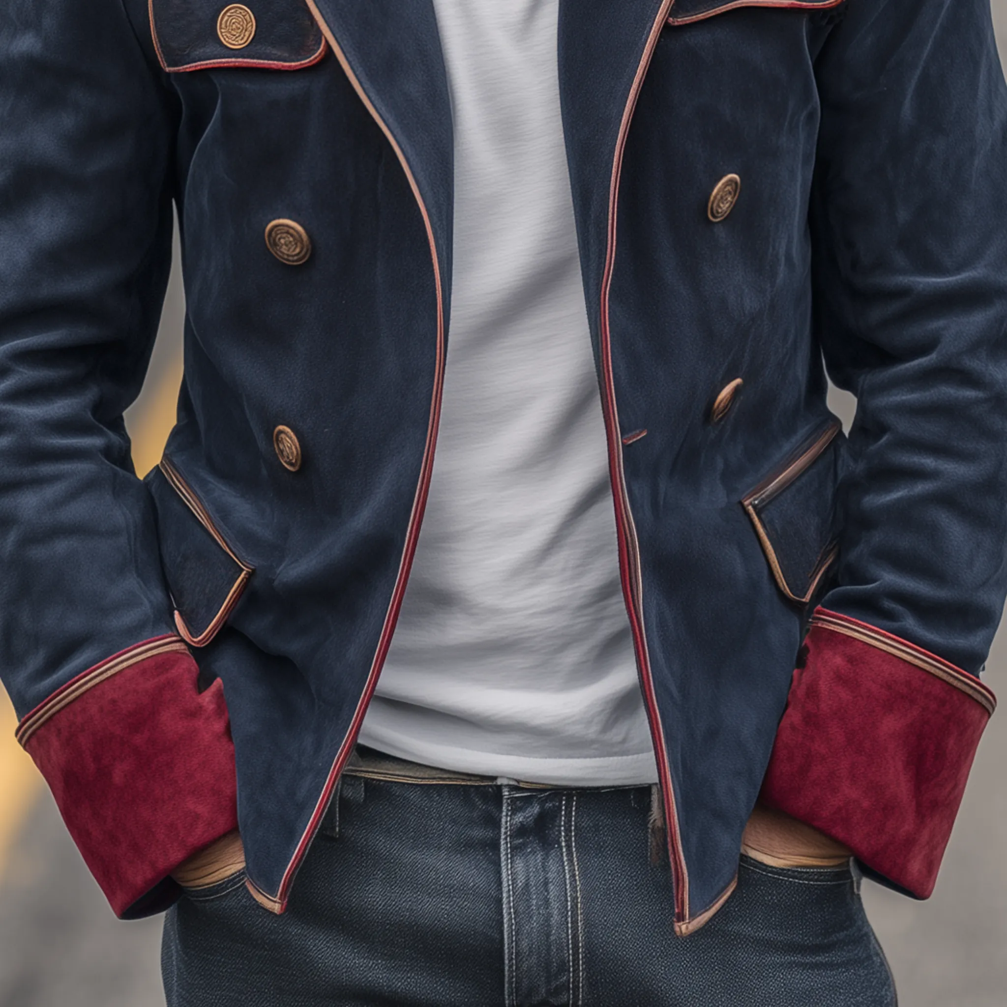 Men's Classic Vintage Double Breasted Lapel Contrast Suede Jacket MTA2796H7K sold by Manly product image thumbnail 5