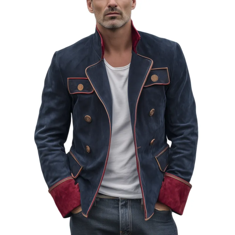 Men's Classic Vintage Double Breasted Lapel Contrast Suede Jacket MTA2796H7K sold by Manly