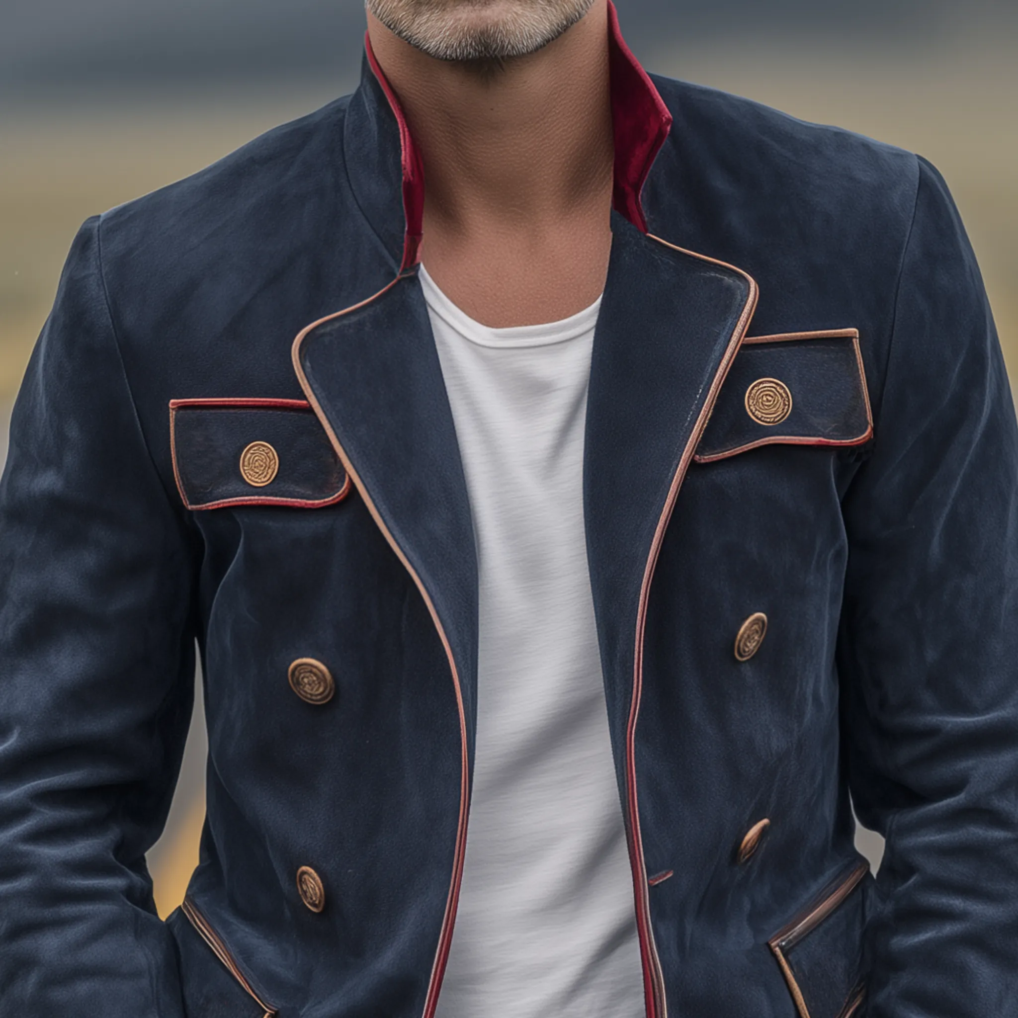 Men's Classic Vintage Double Breasted Lapel Contrast Suede Jacket MTA2796H7K sold by Manly product image thumbnail 4