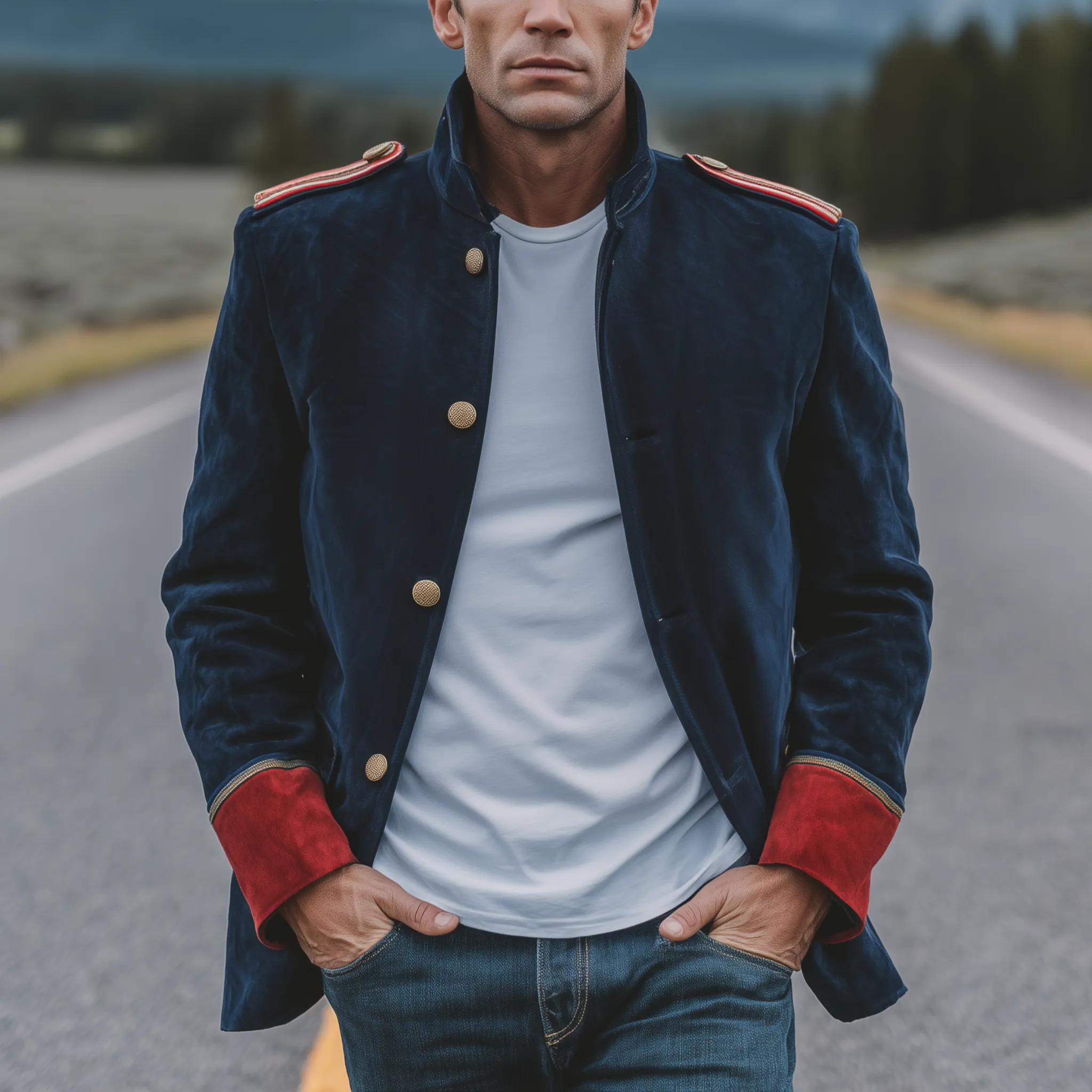 Men's Classic Retro Stand Collar Epaulette Contrast Color Suede Jacket MTA2750H4K sold by Manly product image thumbnail 2