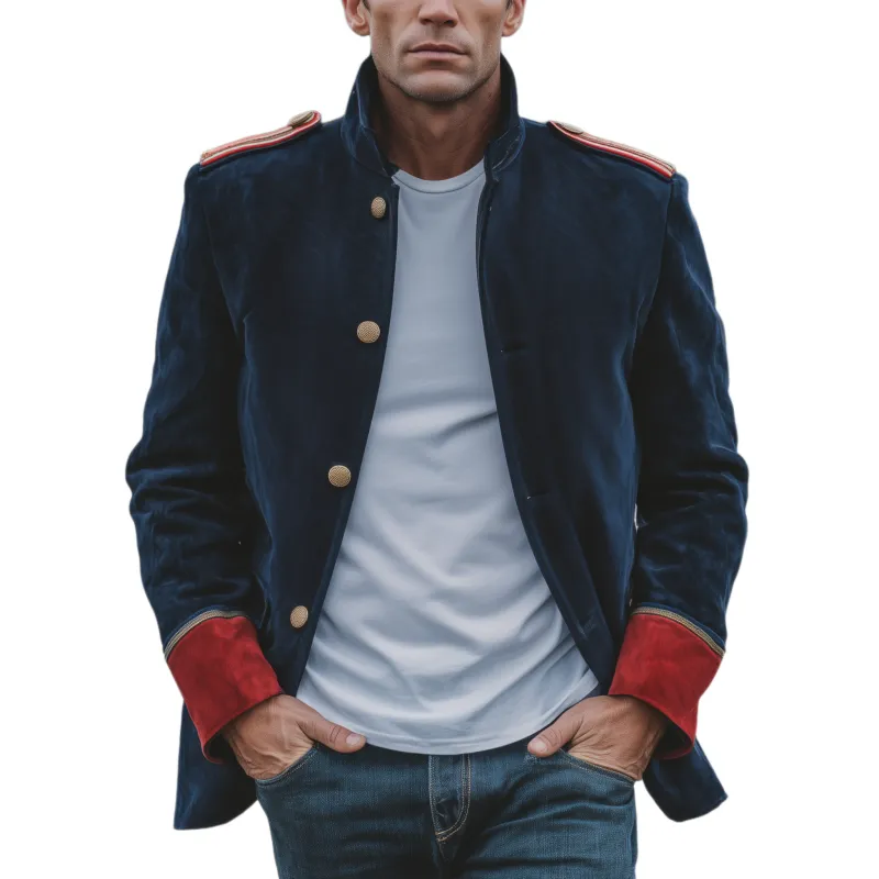 Men's Classic Retro Stand Collar Epaulette Contrast Color Suede Jacket MTA2750H4K sold by Manly