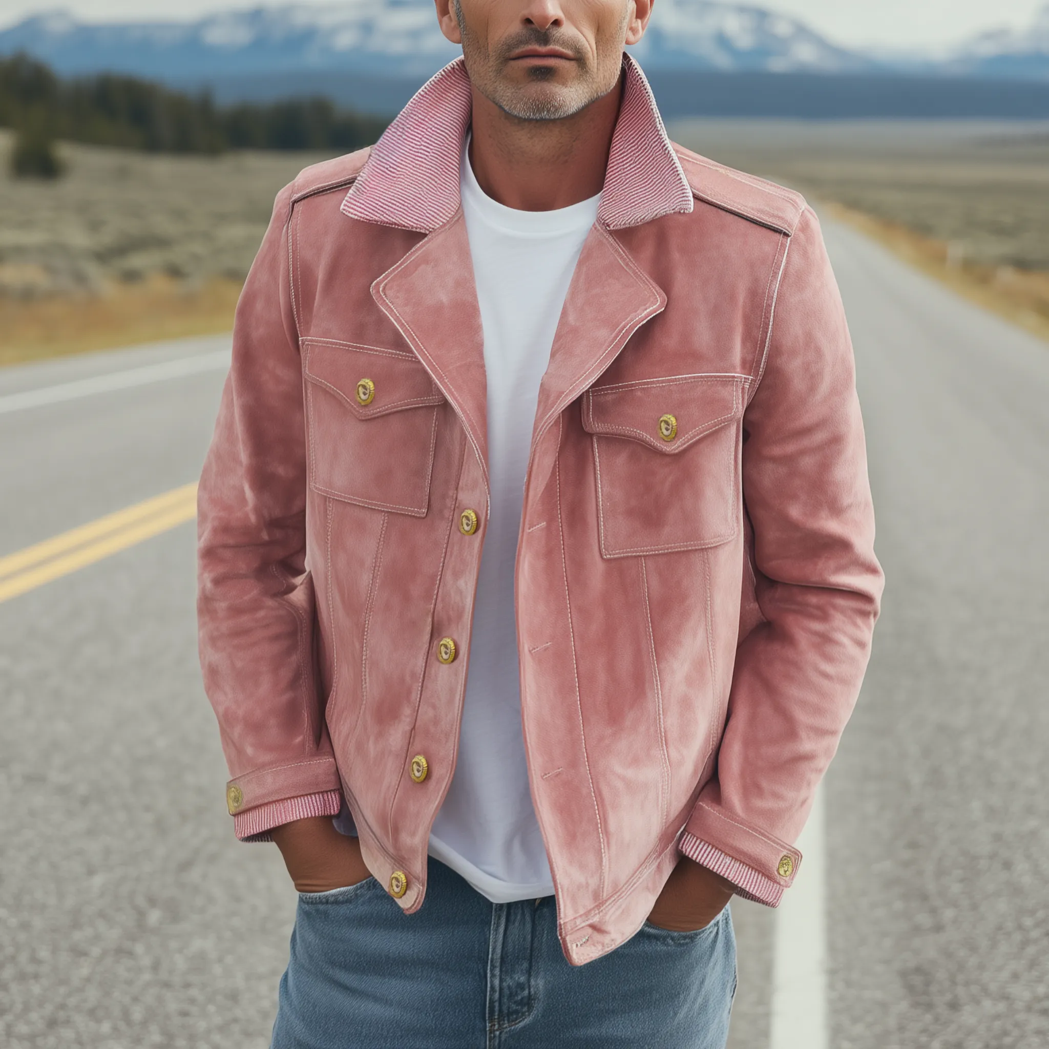 Men's Classic Vintage Collar And Cuffs With Corduroy Epaulettes In Pink Suede Motorcycle Jacket MTA2720H9K sold by Manly product image thumbnail 2