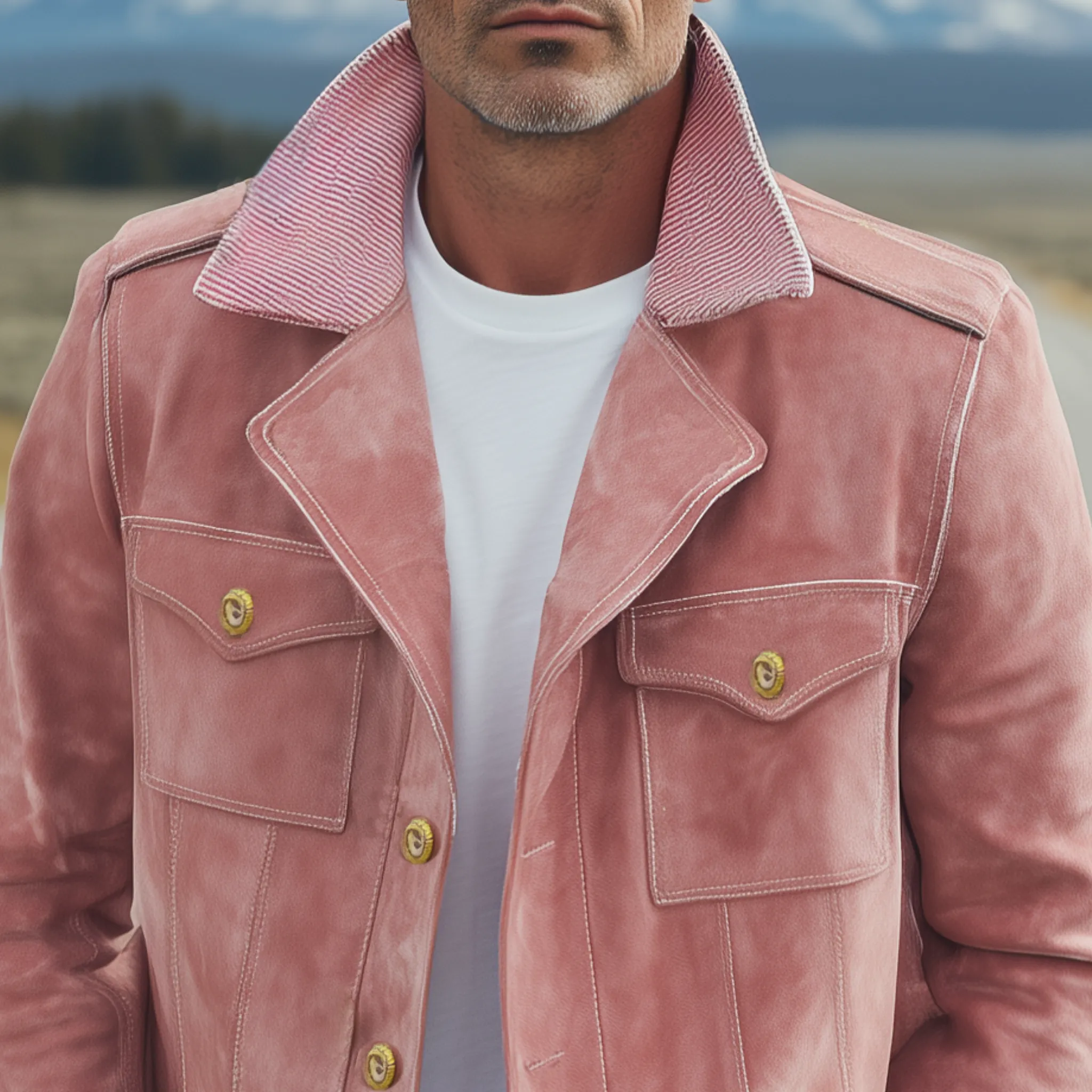 Men's Classic Vintage Collar And Cuffs With Corduroy Epaulettes In Pink Suede Motorcycle Jacket MTA2720H9K sold by Manly product image thumbnail 4