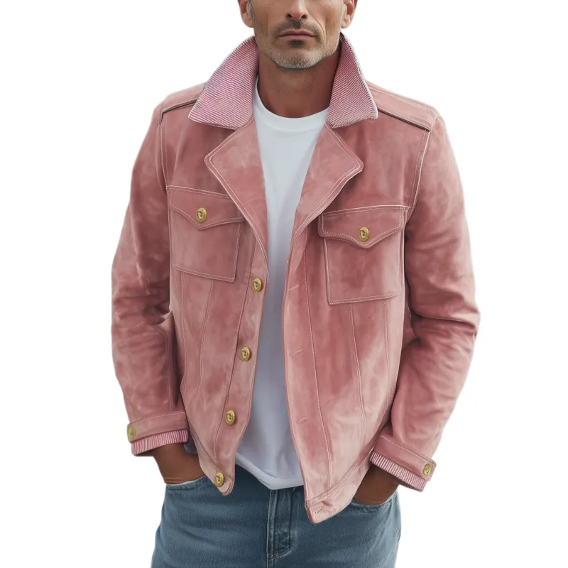 Men's Classic Vintage Collar And Cuffs With Corduroy Epaulettes In Pink Suede Motorcycle Jacket MTA2720H9K sold by Manly