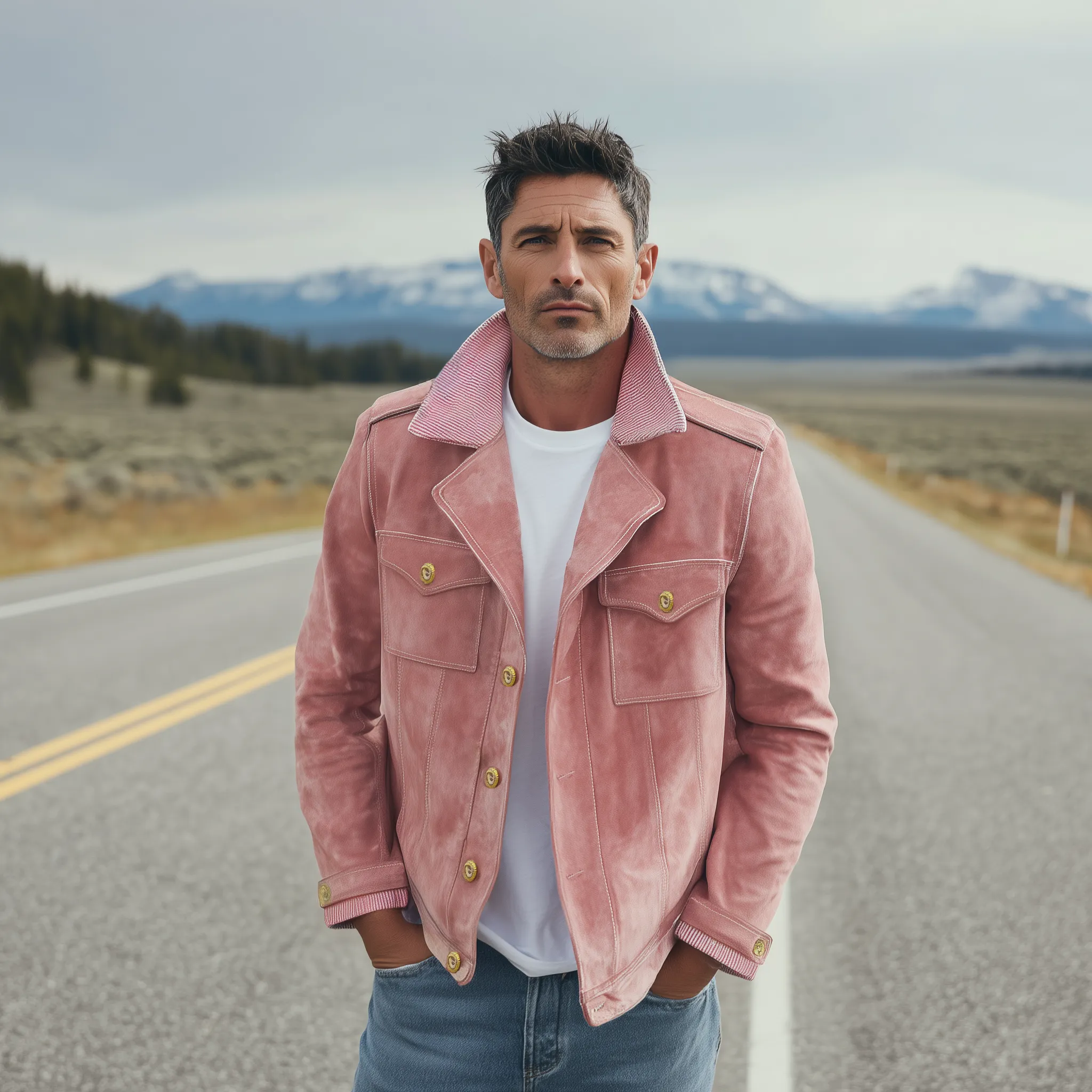 Men's Classic Vintage Collar And Cuffs With Corduroy Epaulettes In Pink Suede Motorcycle Jacket MTA2720H9K sold by Manly product image thumbnail 3
