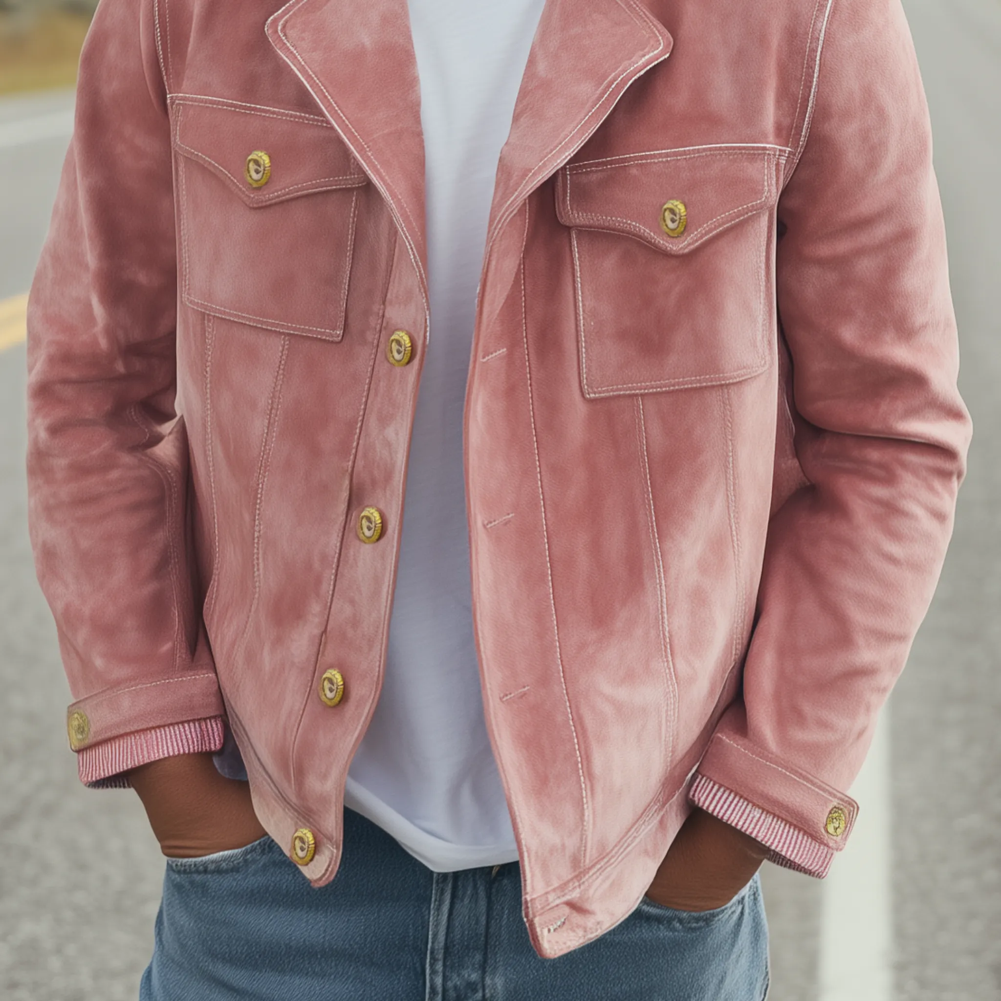 Men's Classic Vintage Collar And Cuffs With Corduroy Epaulettes In Pink Suede Motorcycle Jacket MTA2720H9K sold by Manly product image thumbnail 5