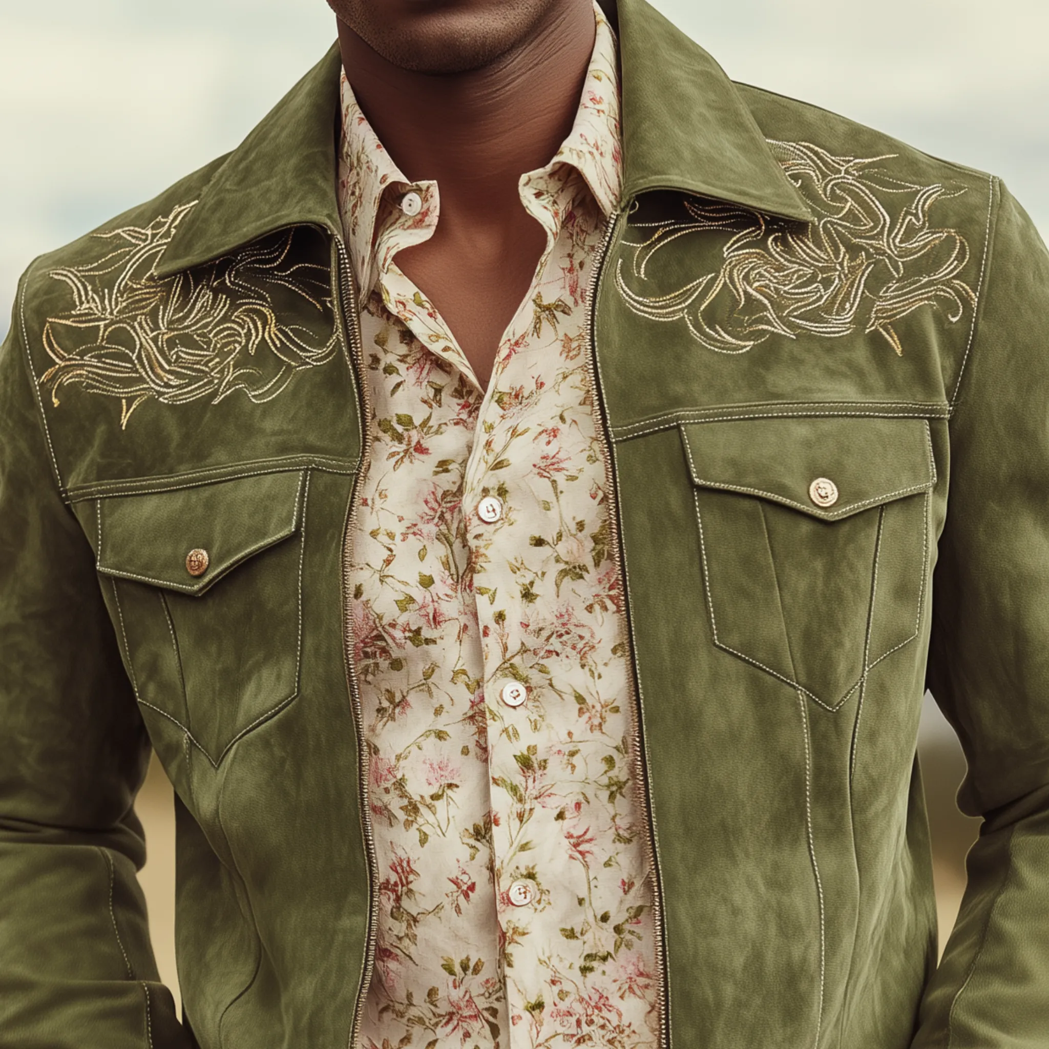 Men's Classic Casual Shoulder Embroidered Suede Lapel Zip-up Jacket MTA2714H9K sold by Manly product image thumbnail 3