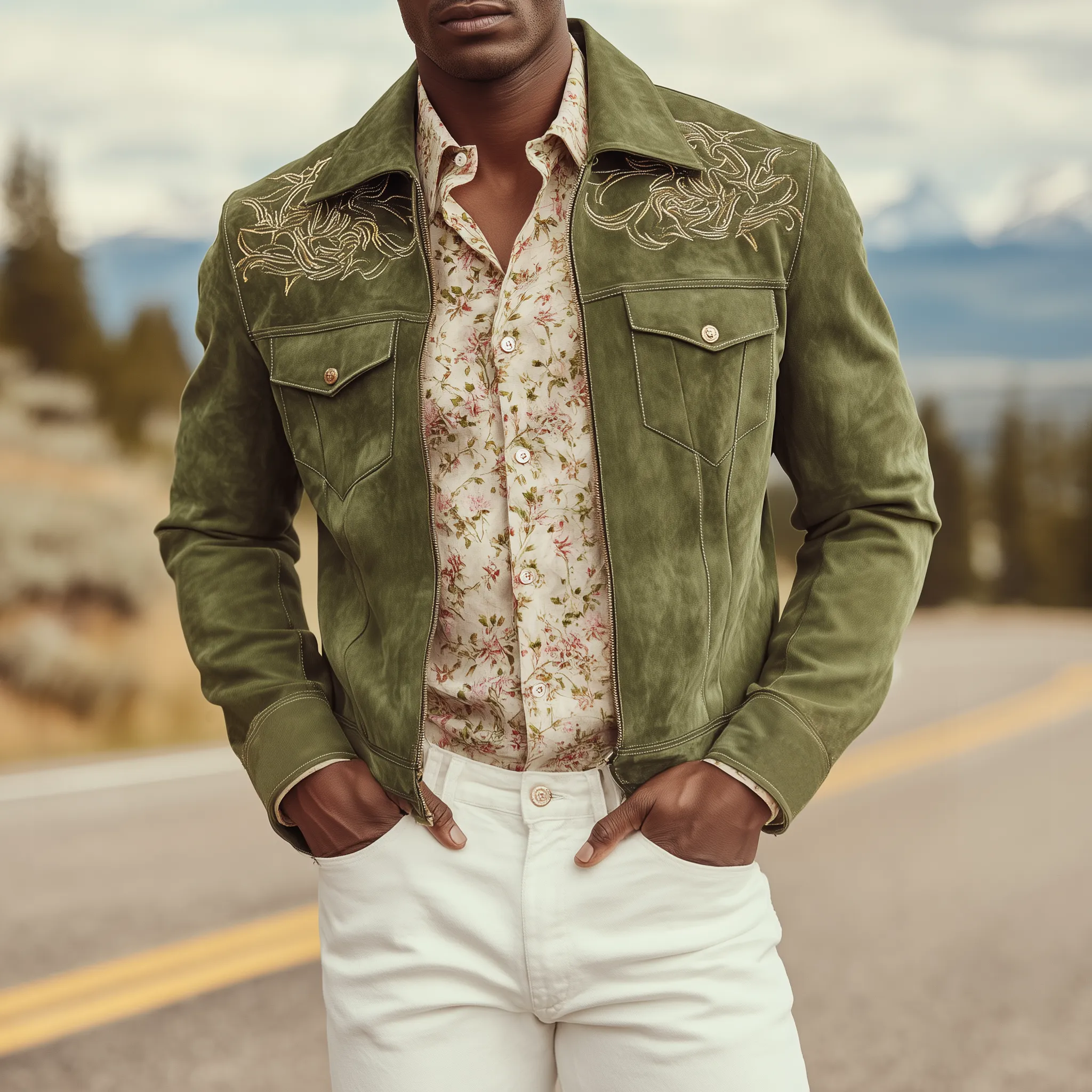 Men's Classic Casual Shoulder Embroidered Suede Lapel Zip-up Jacket MTA2714H9K sold by Manly product image thumbnail 2