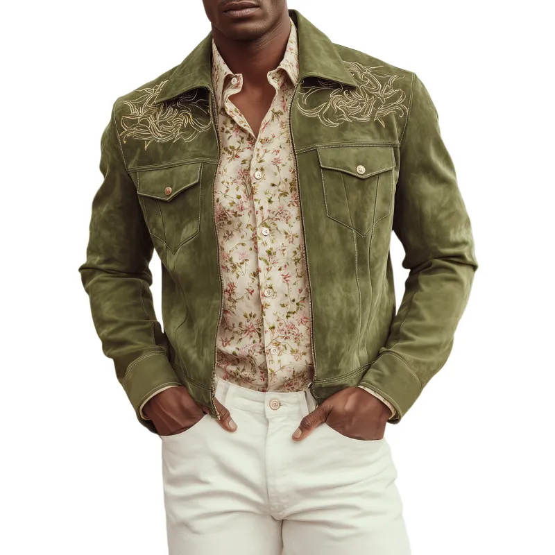 Men's Classic Casual Shoulder Embroidered Suede Lapel Zip-up Jacket MTA2714H9K sold by Manly