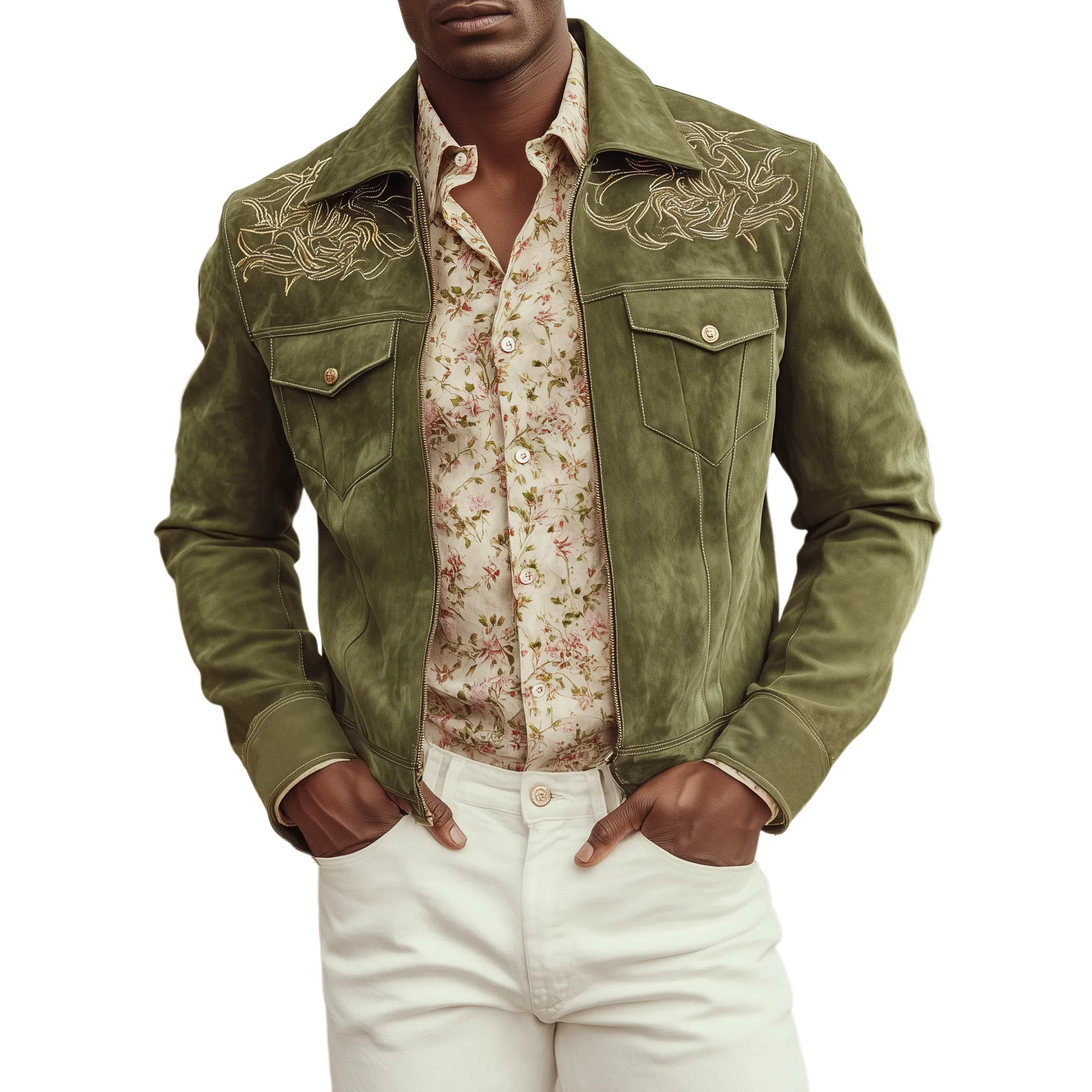 Men's Classic Casual Shoulder Embroidered Suede Lapel Zip-up Jacket MTA2714H9K sold by Manly