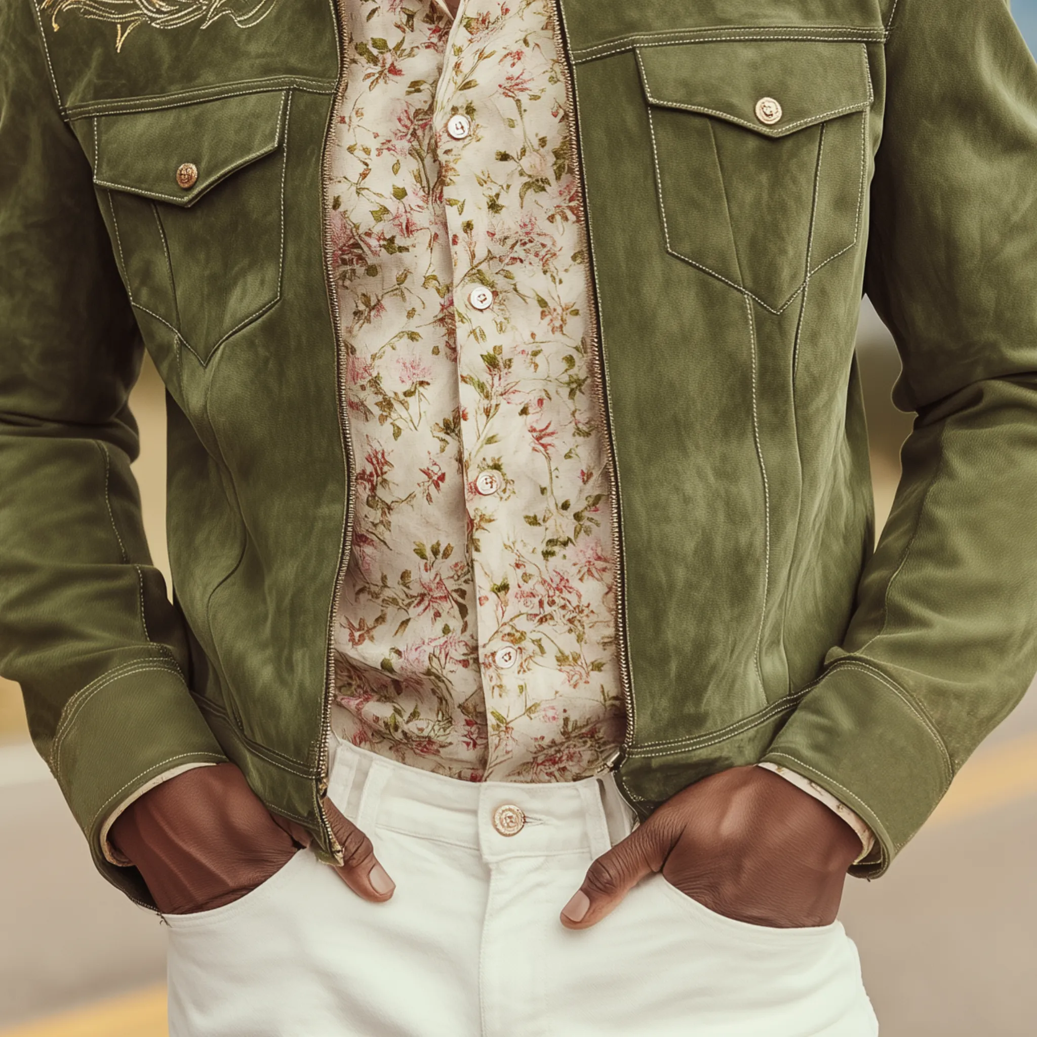 Men's Classic Casual Shoulder Embroidered Suede Lapel Zip-up Jacket MTA2714H9K sold by Manly product image thumbnail 4